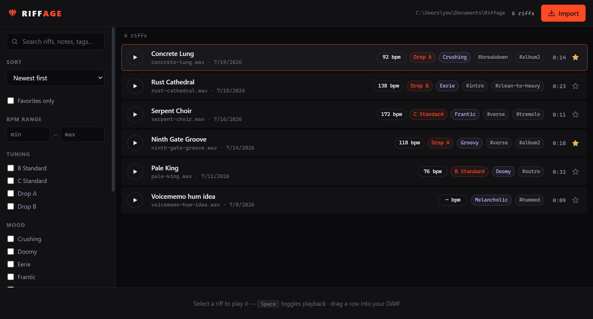 Riffage desktop app showing a searchable guitar riff library